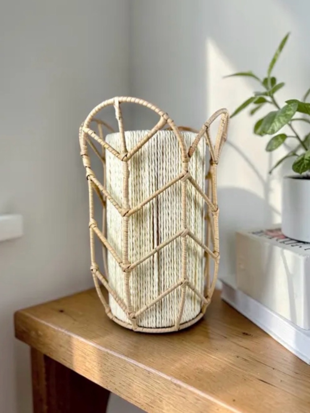 Handwoven Rattan Wicker Tulip Table Lamp with Cream Rope Shade